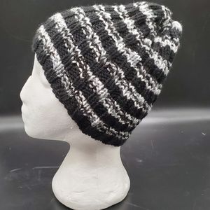 Hand Knit Striped Hat Black/Gray Adult Small/Medium
